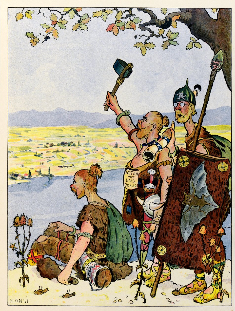 Historien om Alsace fortæller børnene; Les Germains ser Alsace på den anden side af Rhinen; af Jean Jacques (1873 1951) Waltz