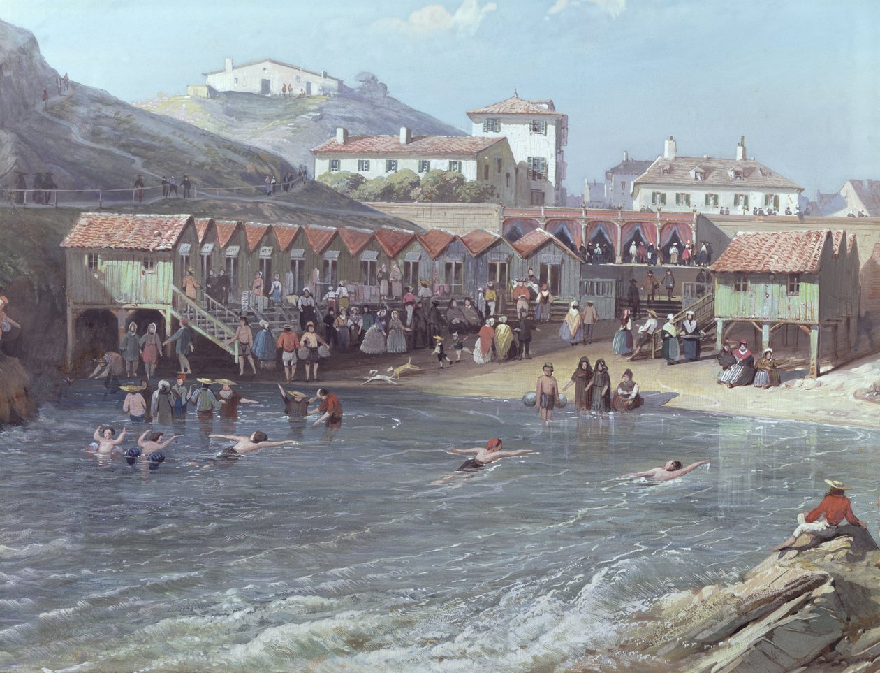 Begyndelsen af havsvømning i den gamle havn i Biarritz, 1858 olie på lærred detalje fra 175215 af Jean Jacques Alban de Lesgallery