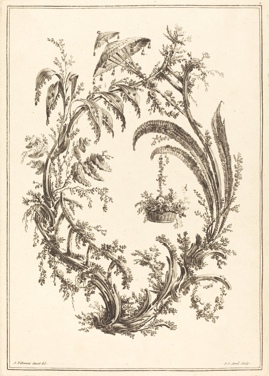 Ornament med parasol og hængende kurv af Jean Jacques Avril I after Jean Baptiste Pillement