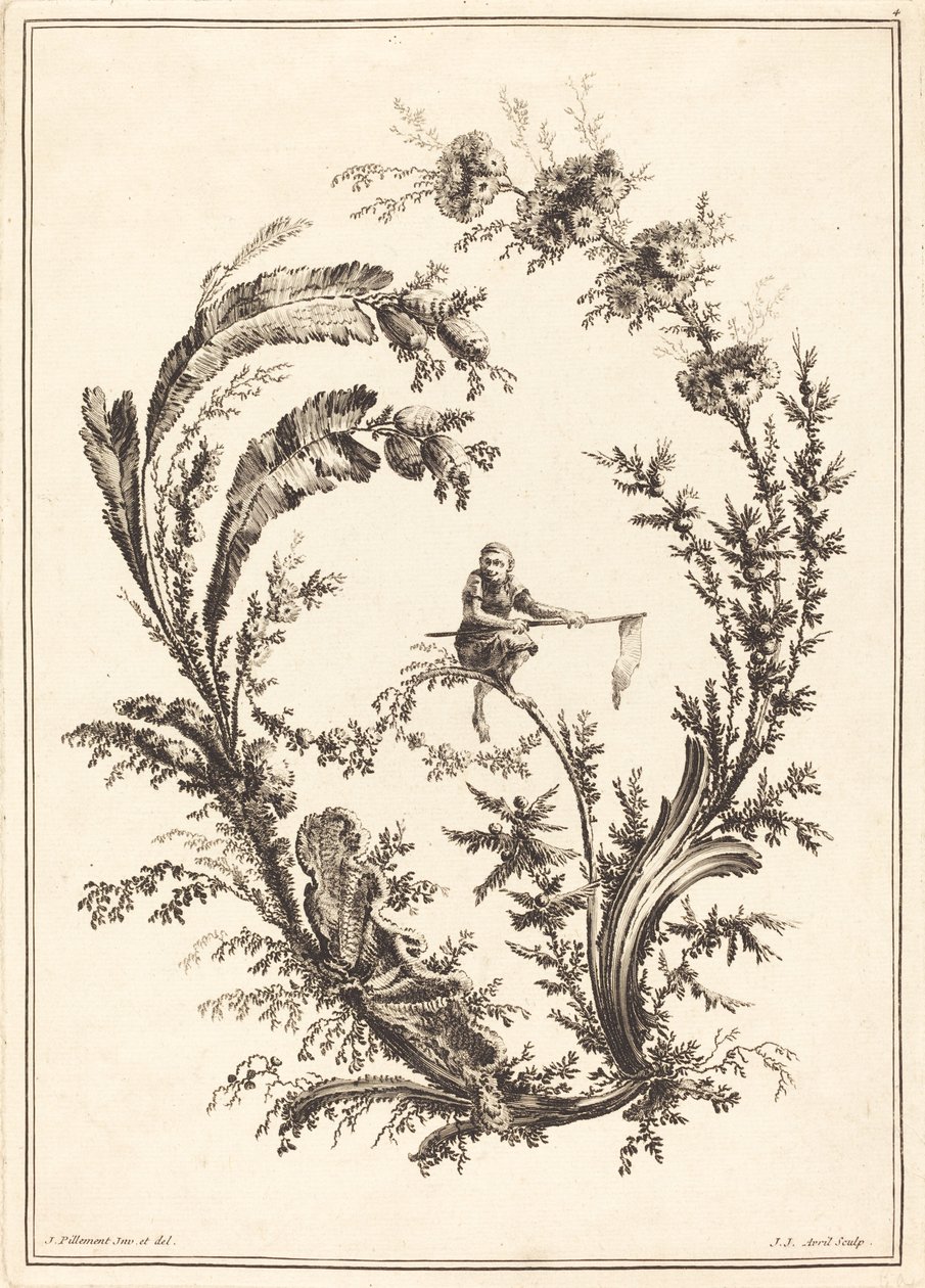 Ornament med en abe af Jean Jacques Avril I after Jean Baptiste Pillement