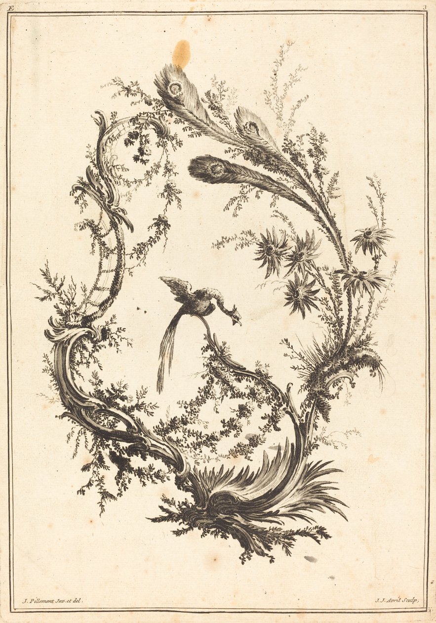 Ornament med en påfugl af Jean Jacques Avril I after Jean Baptiste Pillement