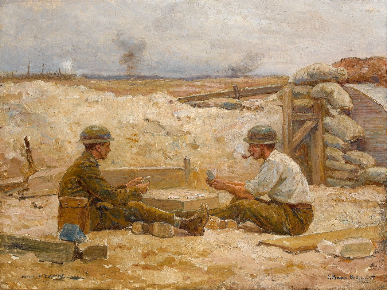 To britiske officerer spiller kort uden for deres dugout, Secteur de Bapaume, 1918-20 af Jean Jacques Berne Bellecour