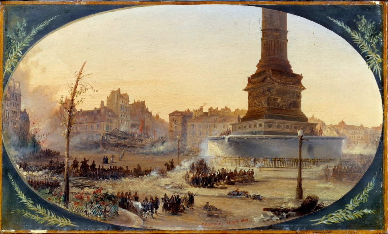 Revolution af 1848: "" Udsigt over Place de la Bastille og barrikaden ved indgangen til Faubourg Saint Antoine den 25/06/1848" Maleri på marouflepapir af Jean Jacques Champin (1796-1860) 1848 Søn. 0,28 x 0,43 m Paris, Musee Carnavalet af Jean Jacques Champin