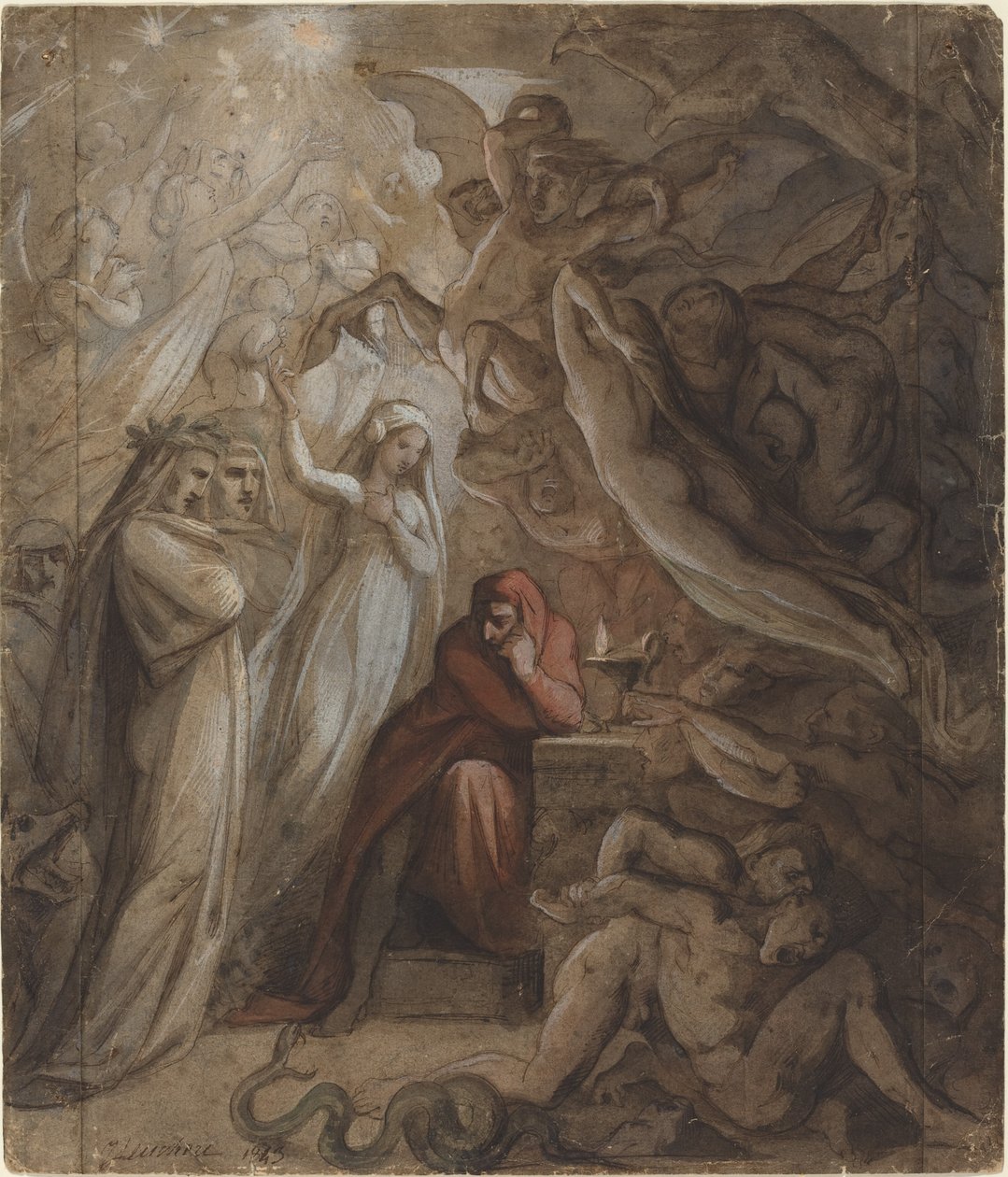 Dante mediterer over "Den guddommelige komedie" af Jean Jacques Feuchere