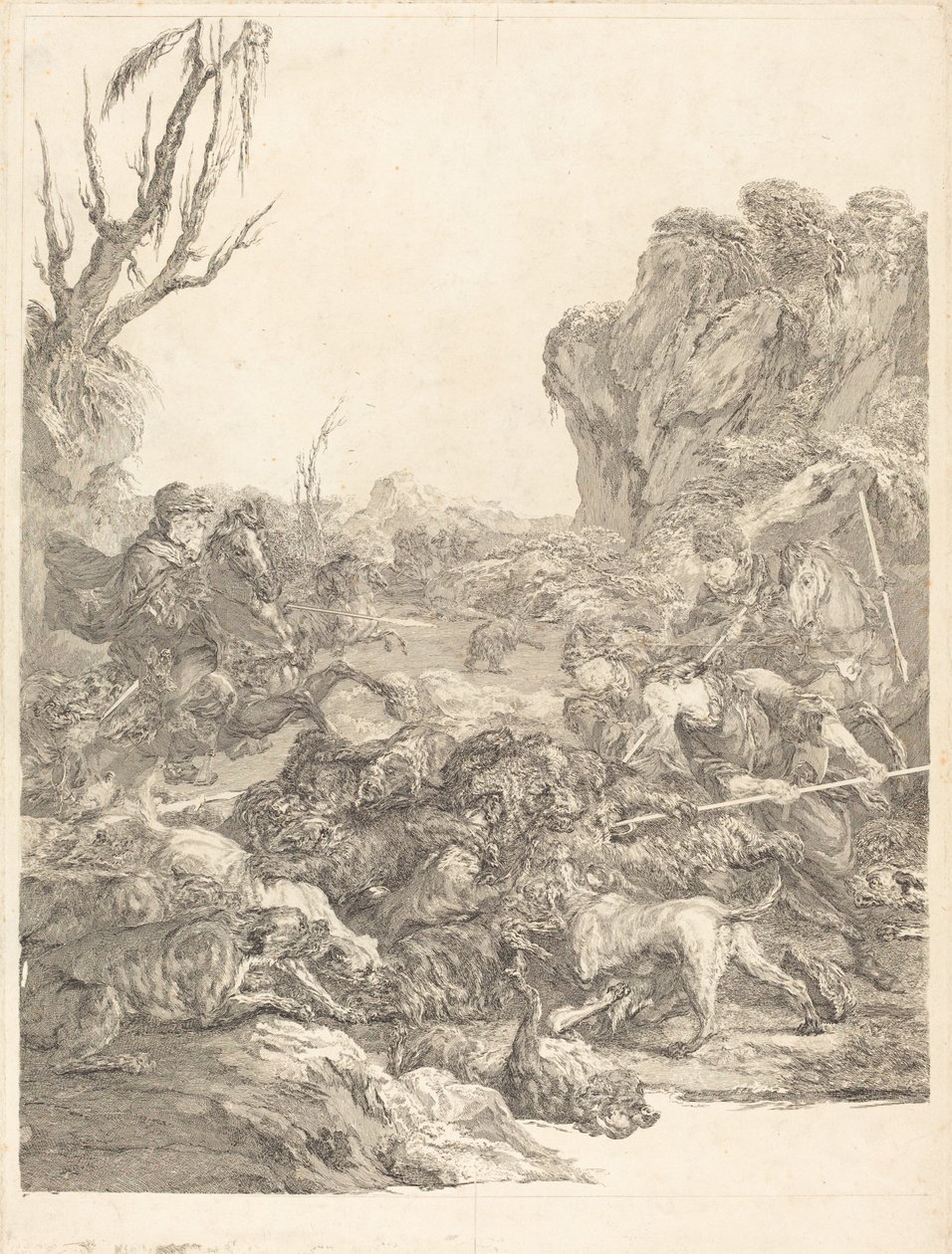 En bjørnejagt af Jean Jacques Flipart after Carle Van Loo