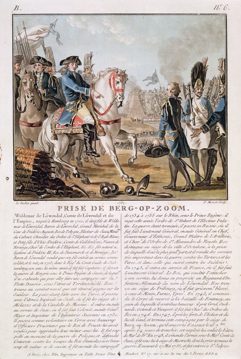 The Taking of Berg-op-Zoom, Holland, 1747, indgraveret af Jean Baptiste Morret (fl.1790-1820), 1787 af Jean Jacques Francois Le Barbier