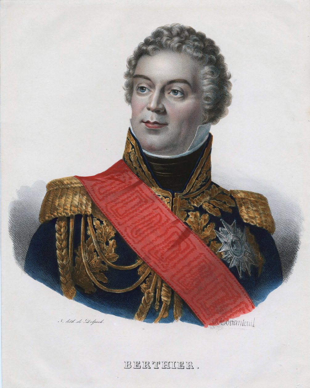 Louis Alexandre (Louis-Alexandre) Berthier (1753-1815), Prins af Wagram, Prins af Neuchatel - Monanteuil, Jean-Jacques-Francois (1785-1860) - 1835 - Litografi, akvarel - 32x24,5 - Privat samling af Jean Jacques Francois Monanteuil