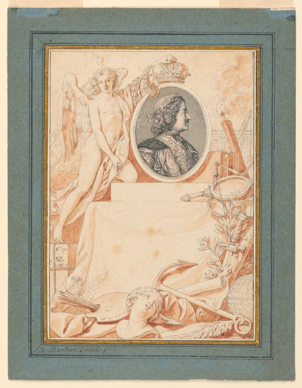 Tegning, forsidebillede til en historie om Peter den Store, ca. 1780 af Jean Jacques Francois Le Barbier
