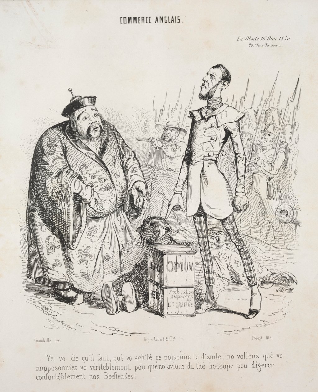 engelsk handel. Ja, du siger, at du skal købe denne gift med det samme, vi vil virkelig gerne have, at du forgifter dig selv, så vi kan få en kop kop te for komfortabelt at fordøje vores bøffer! af Jean Jacques Grandville