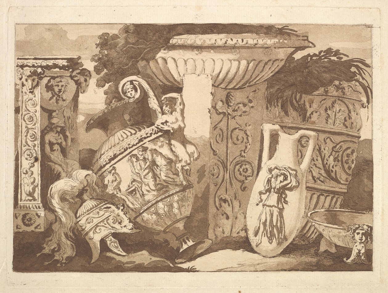 Komposition med de antikke fragmenter og en skæv vase, fra Recueil de Compositions..., 1782-84. af Jean Jacques Lagrenee