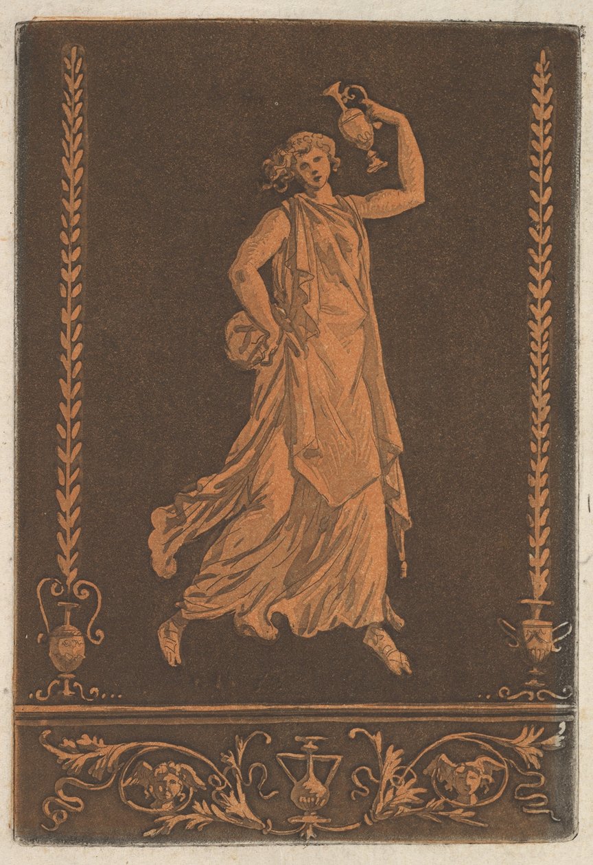 Ung draperet kvinde, der går fra venstre mod højre, bærer en Young draperet... metalvase, ca. 1784. af Jean Jacques Lagrenee
