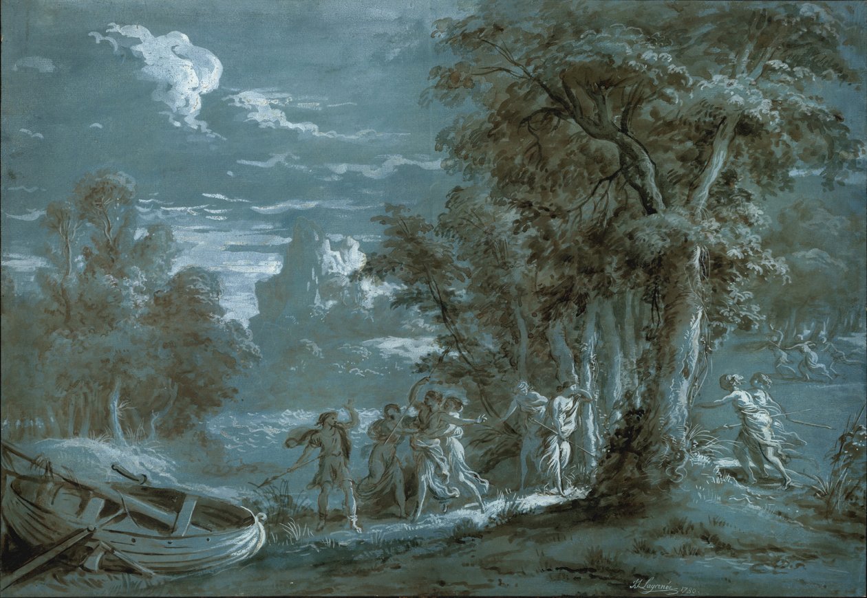 Landskab med en scene fra Fénelons Télémaque, 1780. af Jean Jacques Lagrenee