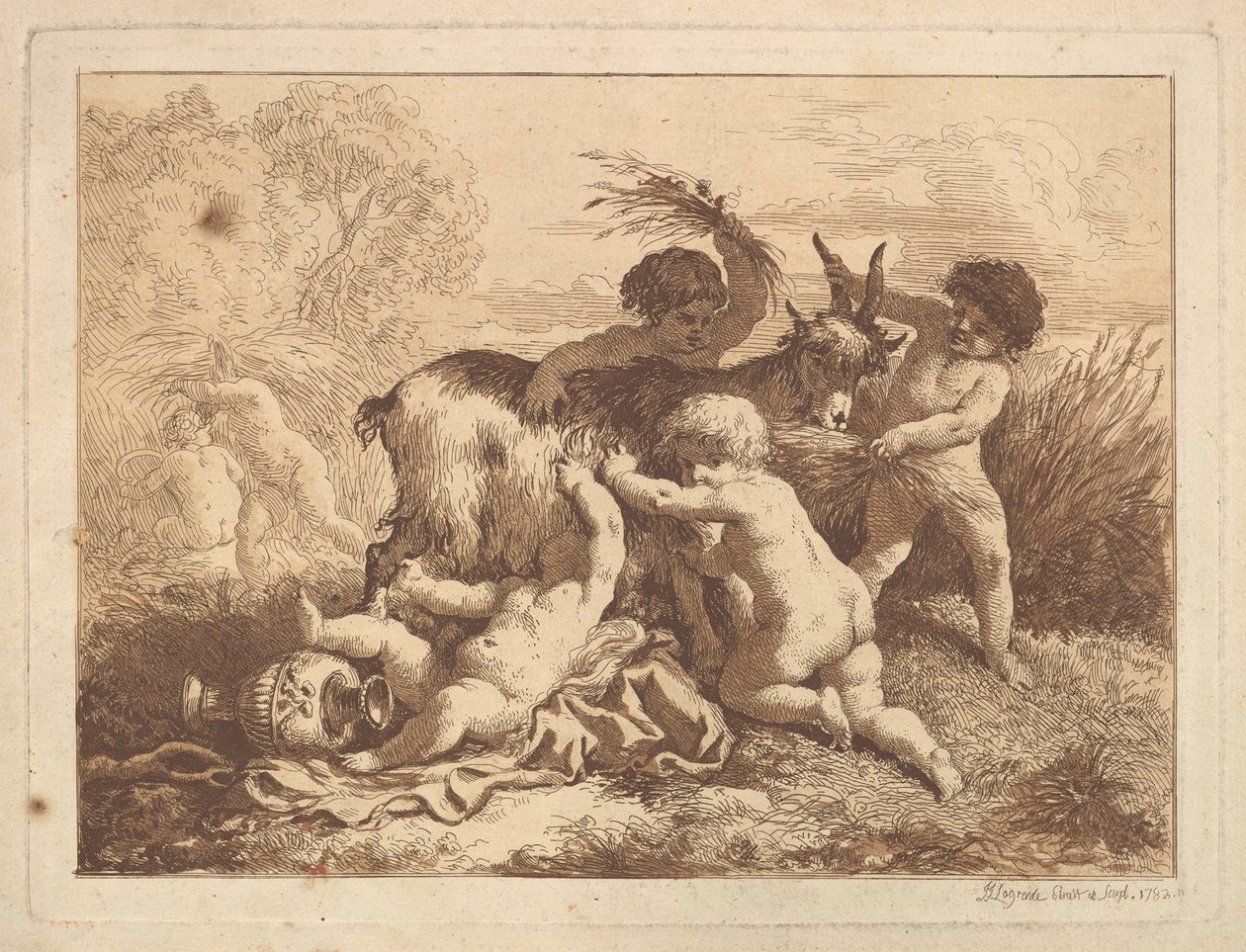 Les petits moissonneurs et la chevre The Young Harvesters and the Goat, i et album forts..., 1782. af Jean Jacques Lagrenee