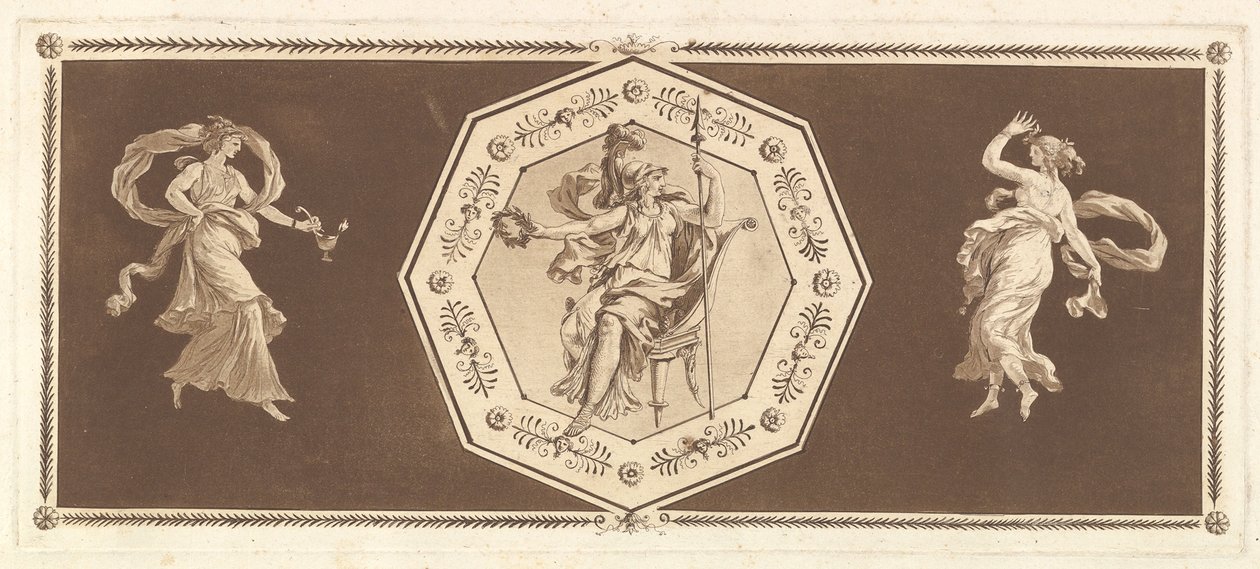 Minerva siddende i en dekorativ ottekant, med en figur til venstre og til højre Natten..., 1784. af Jean Jacques Lagrenee