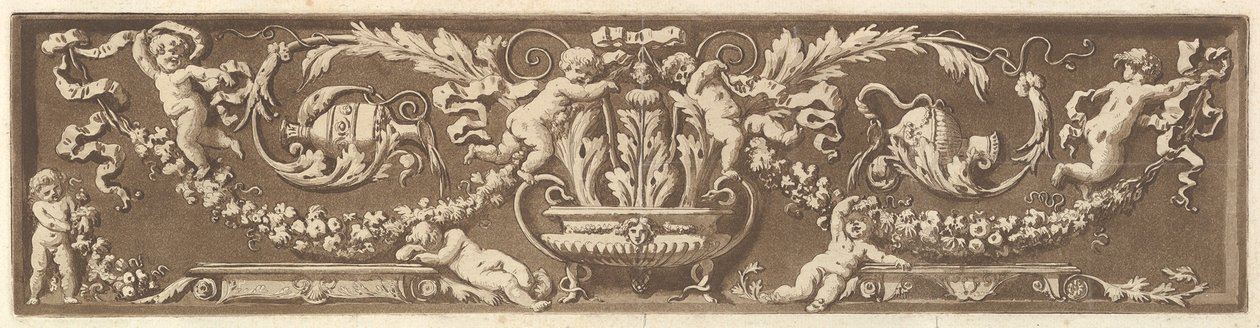 Prydfrise med putti, akantusblade og guirlander af frugt, fra Recueil de Diff..., 1784. af Jean Jacques Lagrenee