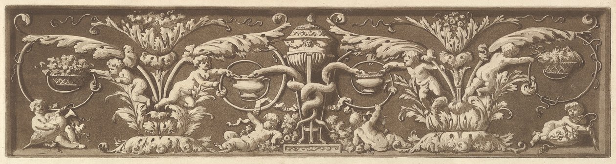 Prydfrise med putti og sammenflettede slanger, fra Recueil de Différentes Compositi..., 1784. af Jean Jacques Lagrenee