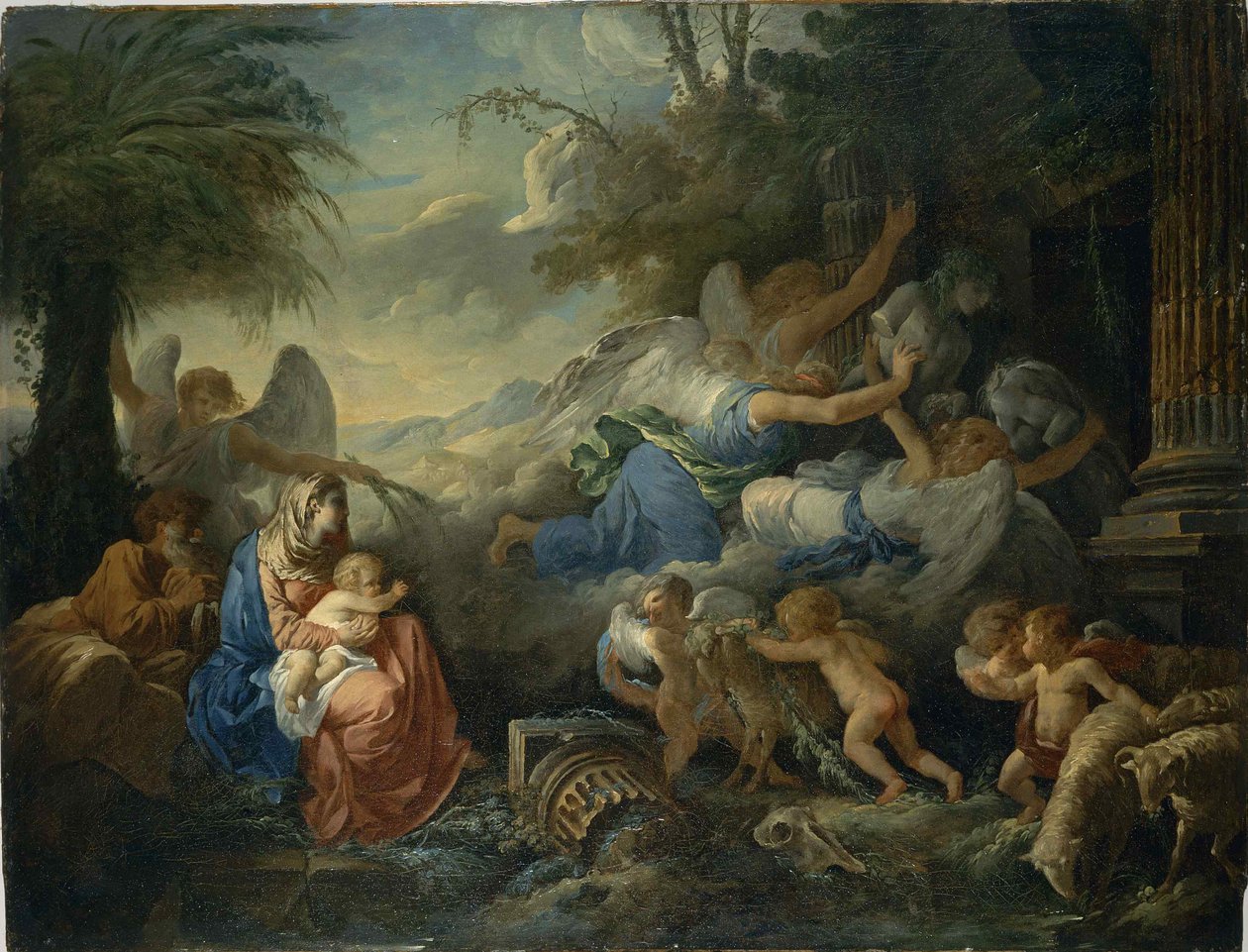 Idolernes fald og resten på flugten til Egypten, ca 1775. af Jean Jacques Lagrenee