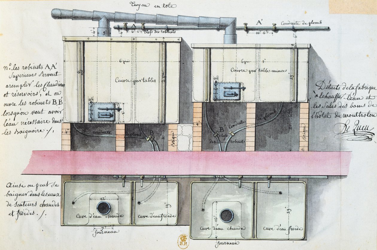 Tegning af et system til opvarmning af vand på Hotel de Montholon i Paris, ca.1787 (wc på papir) af Jean Jacques Lequeu