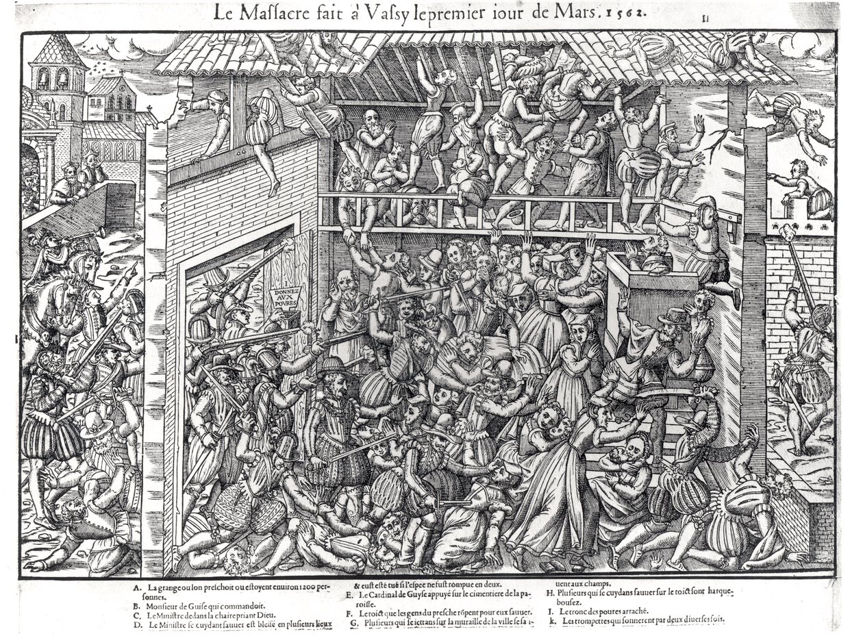 Massakren af den protestantiske befolkning udført af tropperne fra Duc de Guise i Wassy-sur-Blaise, 1. marts 1562, indgraveret af Jacques Tortorel (1568-92) af Jean Jacques Perrissin