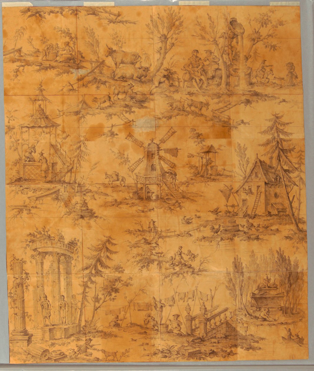 Tegneserie til bomuldstryk: "Jean-Jacques Rousseaus grav i Ermenonville." af Jean Jacques Rousseau