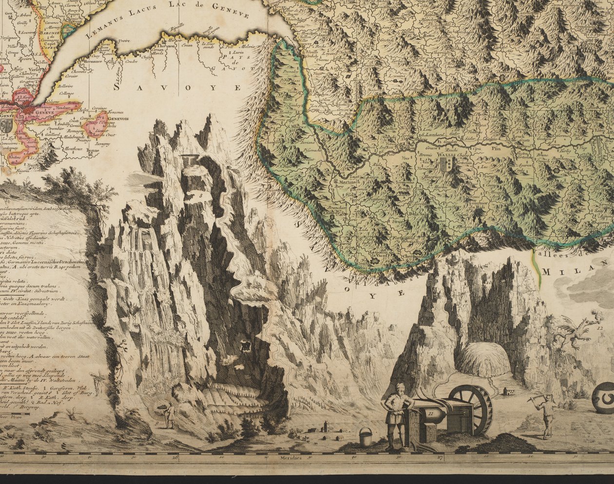 Et nyt geografisk kort over Schweiz med de mest berømte og magtfulde kantoner og offentlige anliggender i den reformerede religion Tigurina, Bern, Glarus, Basel, Scafusiana, Abbed Cellana, detalje, ca. 1712 (håndfarvet tryk) af Jean Jacques Scheuchzer