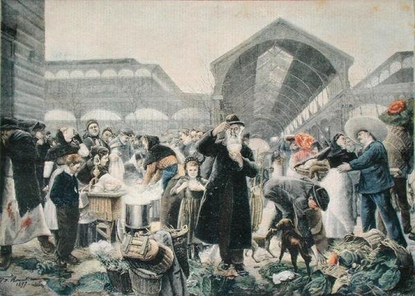 Suppebod på Les Halles-markedet om morgenen, illustration fra Le Petit Journal, 2. marts 1897, graveret af Fortune-Louis Meaulle (1844-1901) af Jean Jacques after Rousseau