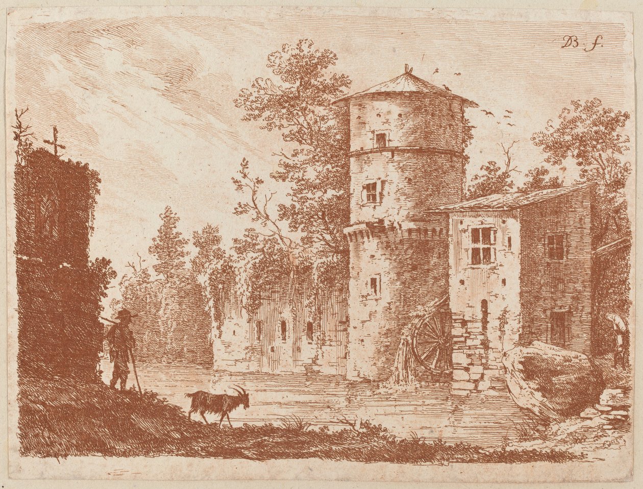 Gammelt tårn ved en vandmølle af Jean Jacques de Boissieu