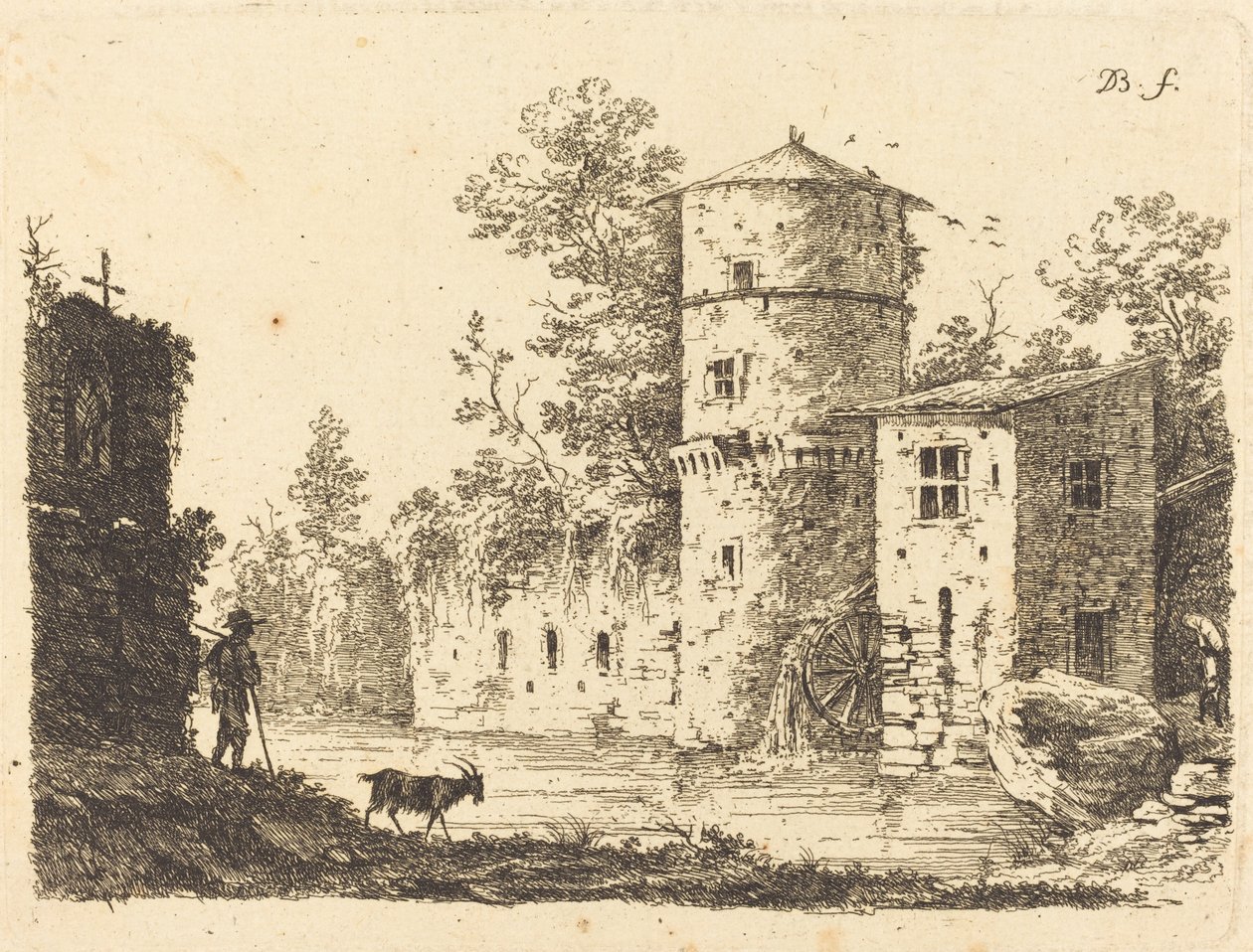Gammelt tårn med en vandmølle af Jean Jacques de Boissieu