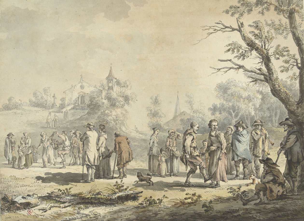 Dansende bønder og tilskuere i en landsby La Fete du village (titel på objektet) af Jean Jacques de Boissieu