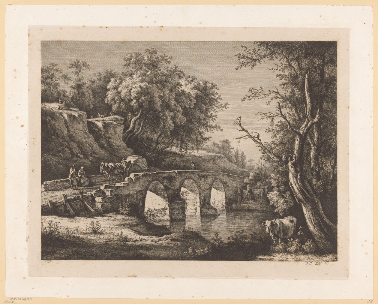 Landskab med figurer på en stenbro af Jean Jacques de Boissieu