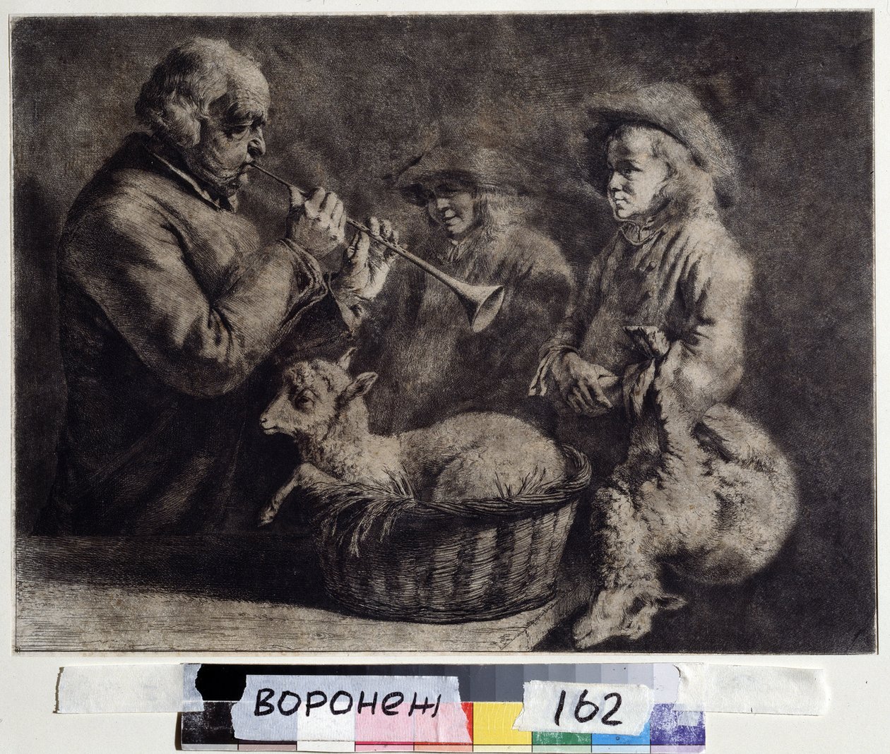""Oboisten"" (oboist) En musiker, der spiller obo foran to hyrder. Træsnit af Jean Jacques de Boissieu (1736-1810) 1772 Ivan Kramskoy (eller Kramskoi) kunstmuseum i Voronezh (Voronezh), Rusland. af Jean Jacques de Boissieu