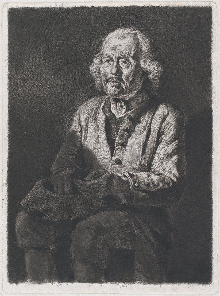 Siddende tigger: Portræt af Old Girard, en bonde fra Chasselay, 1772. af Jean Jacques de Boissieu