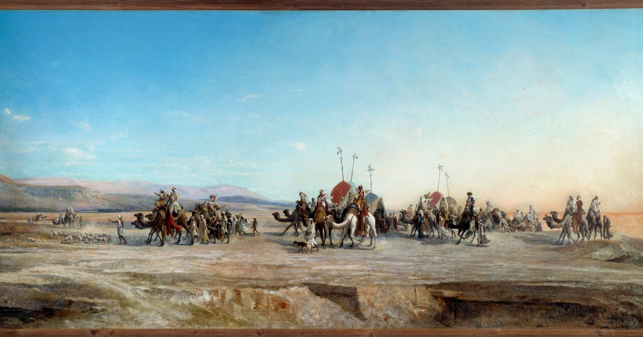 Leder efter en campingvogn af nomader og kameler i ørkenen. Maleri af Jean Joseph Bellel (1816-1898) Montpellier fra det 19. århundrede, Musee Fabre - På udkig efter en lejr. Nomadekaravaner og kameler i ørkenen. Maleri af Jean Joseph Bellel (1816-1898) af Jean Joseph Bellel