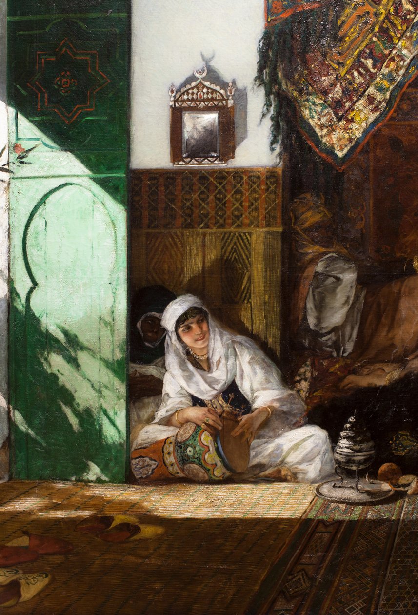 Interiør i et harem i Marokko, detalje: kvinde spiller derbouka af Jean Joseph Benjamin Constant