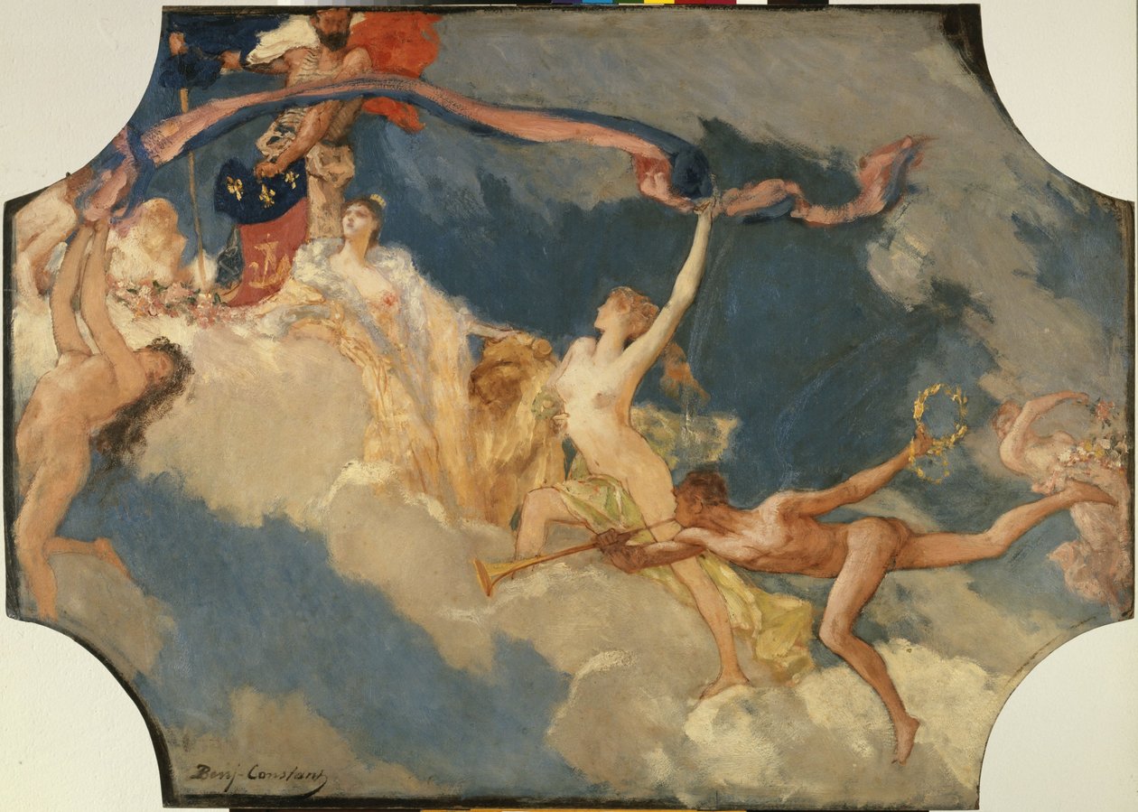Skitse til bankettsalen i Hôtel de Ville de Paris: Byen Paris inviterer verden til sine festligheder af Jean Joseph Benjamin Constant