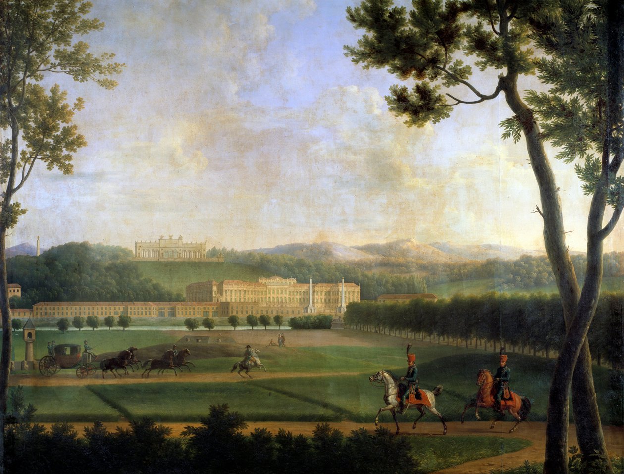 Udsigt over det kejserlige palads i Schonbrunn, Wien Østrig. Dette er habsburgernes sommerresidens bygget i slutningen af det 17. århundrede af Johann Fischer von Erlach. Detalje af et maleri af Joseph Bidault (1758-1846) 1810 Paris, msuee Marmottan af Jean Joseph Bidault