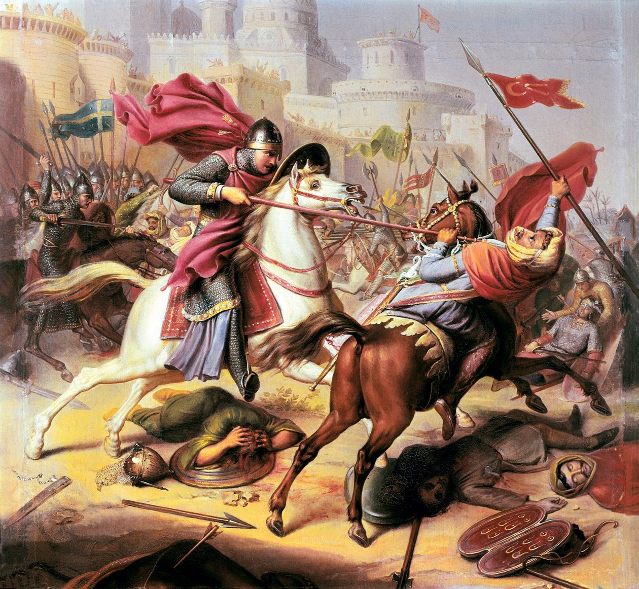 første korstog: ""Robert II hertug af Normandiet kaldte Robert Courthouse og kæmpede mod en muslimsk soldat under belejringen af Antioche i 1098 - 1838 af Jean Joseph Dassy