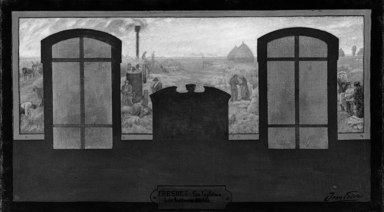 Skitse til Fresnes rådhus: Sur le plateau - Les batteurs de blé, i 1905 (olie på lærred) af Jean Joseph Enders