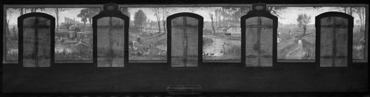 Skitse til Fresnes rådhus: Bièvres bredder. Fresnes. På bredden af Bièvre. Vaskerskerne. Sortering af mel. De forpagtede gårde. Høsten af roer af Jean Joseph Enders