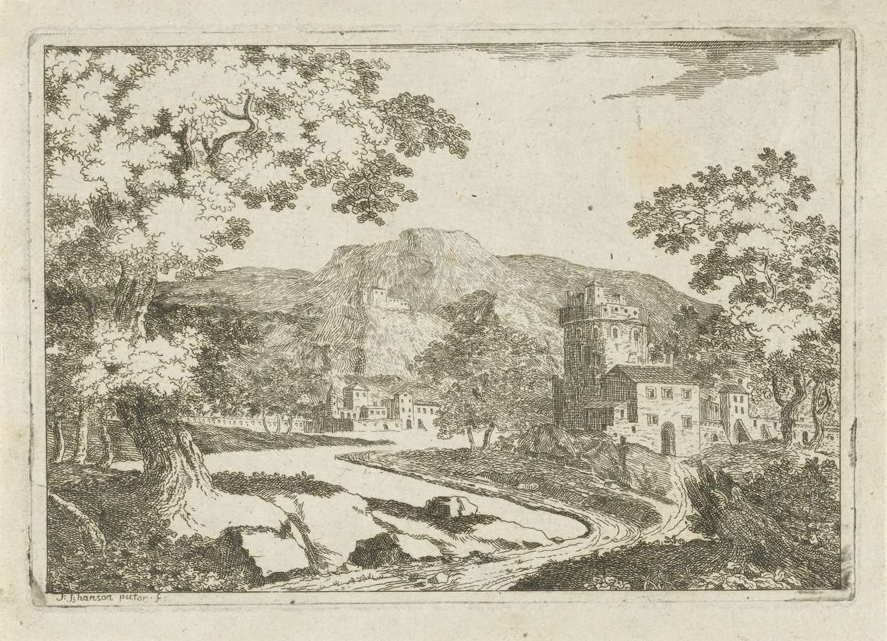 Flodlandskab med huse og tårne af Jean Joseph Hanson