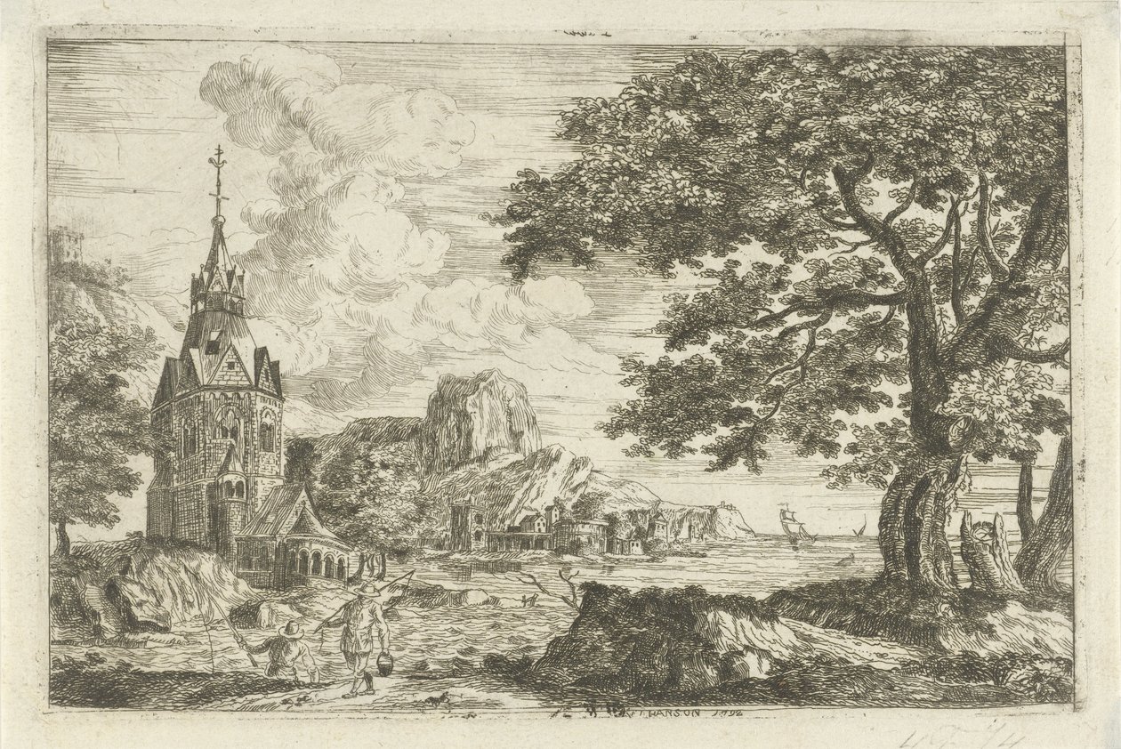 Fiskere ved en kirke ved en kyst af Jean Joseph Hanson