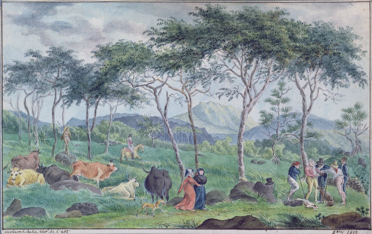 Flok kvæg med kohyrder nær floden øst for Ile de la Reunion, oktober 1812 af Jean Joseph Patu de Rosemont