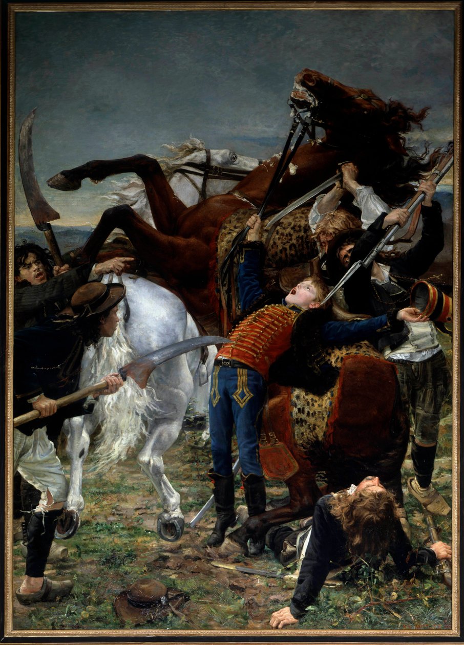 Fransk revolution: "Joseph Baras død (1779-1793)" Joseph Bara eller Barra (1780-1793) var et heltebarn fra den franske revolution, som kæmpede i Vendée for republikken. Maleri af Jean Joseph Weerts (1849-1927) 1883 søn. 3,50 x 2,50 m Paris, musee d
