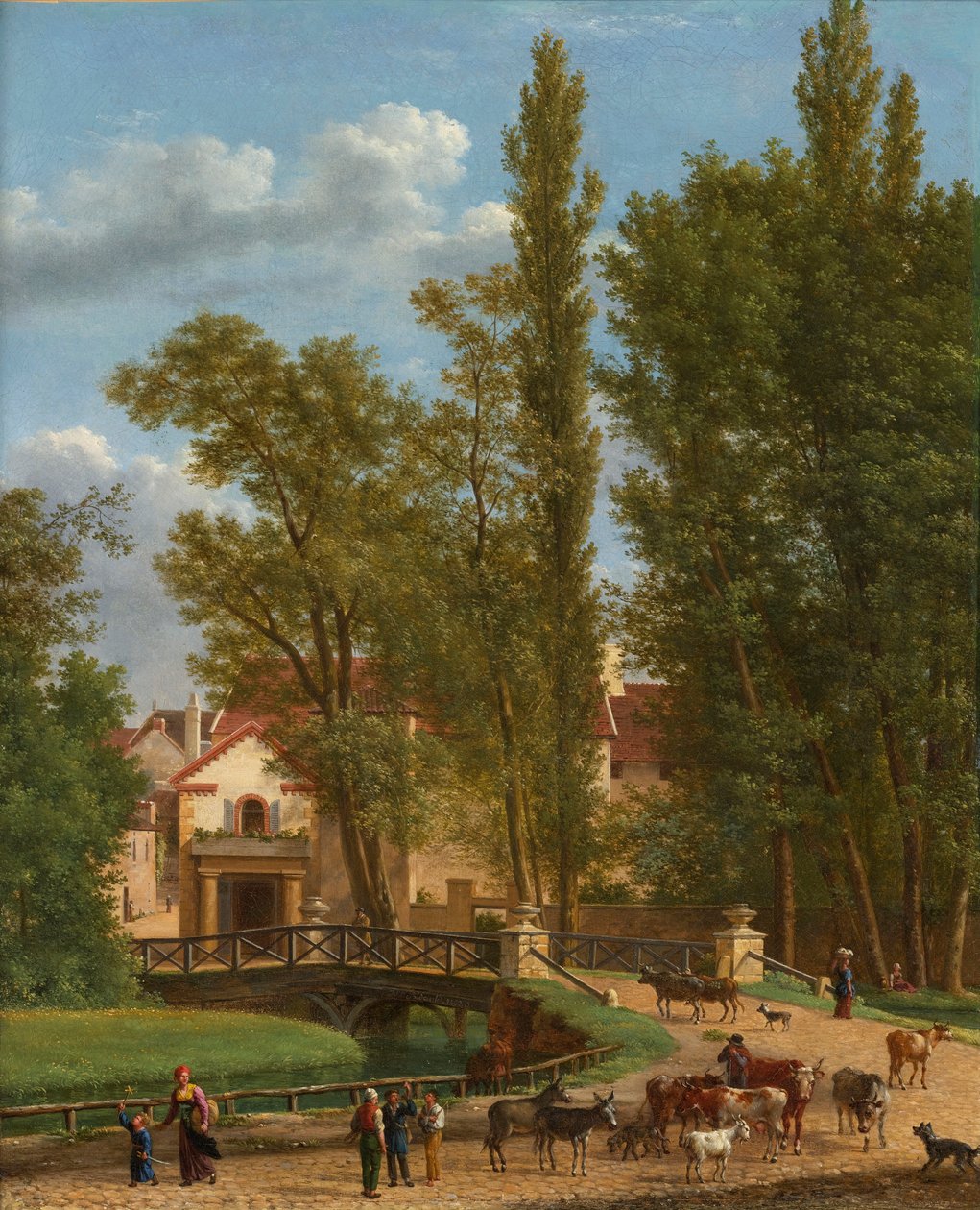 Landsbyboere og dyr i et landskab ved siden af en bro ved indgangen til en landsby af Jean Joseph Xavier Bidauld