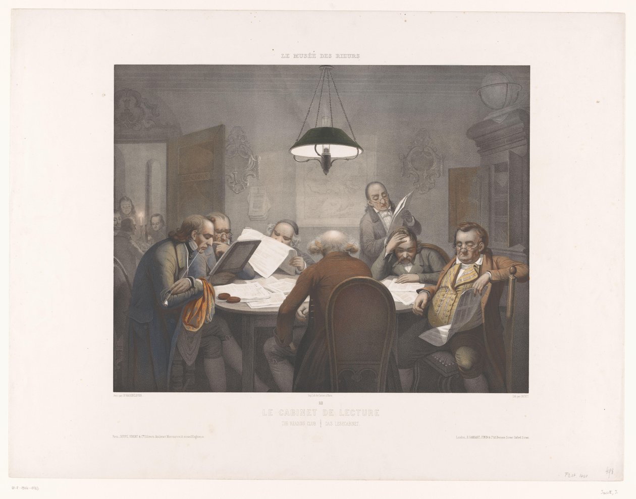Læseskab med læsemænd ved et rundt bord Le cabinet de lecture / Læseklubben / Das Lesecabinet (titel på objekt) Museum of the Laughers (serietitel) Le musée des rieurs (serietitel på objekt) af Jean Julien Jacott