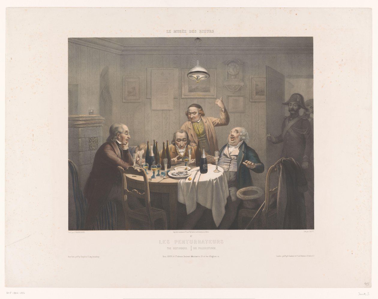 Politiet afbryder en gruppe drikkende mænd Les perturbateurs / The Disturbers / Die Polizeistunde (titel på objekt) Museum of the Laughers (serietitel) Le musée des rieurs (serietitel på objekt) af Jean Julien Jacott