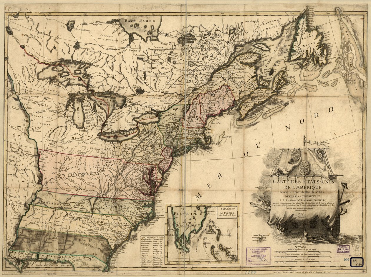 Kort over USA efter fredstraktaten af ​​1783. af Jean Lattré