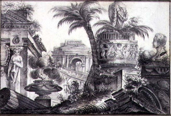 An Architectural Fantasy, ca. 1760 (kul og blyant på papir) af Jean Laurent Legeay