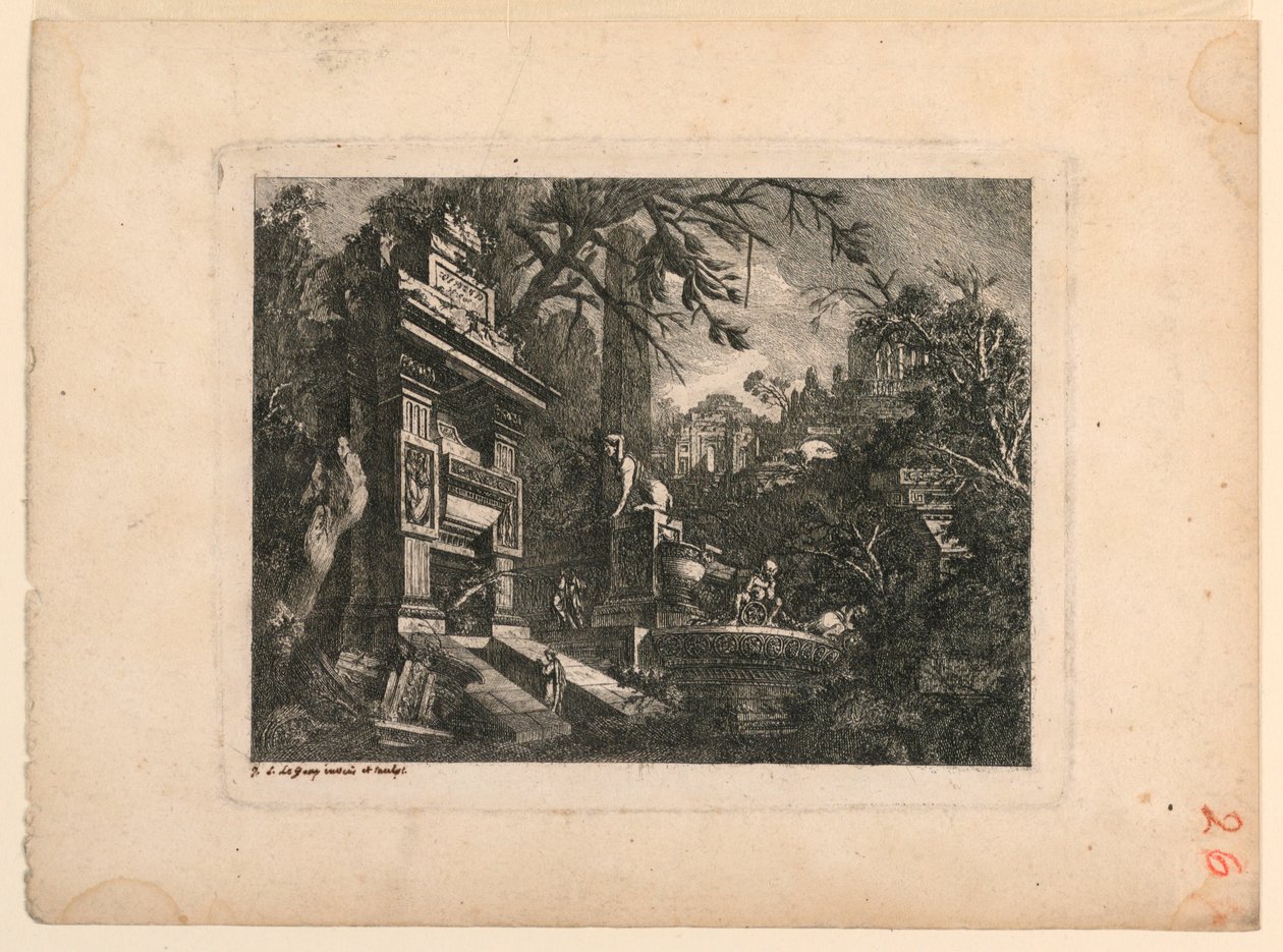 Arkitektonisk fantasi med grav og ruiner, plade fra "Giovan Inventione Ruins. Loren, Legeay Architet. Udskåret af ham selv i Luce 1768" af Jean Laurent Legeay