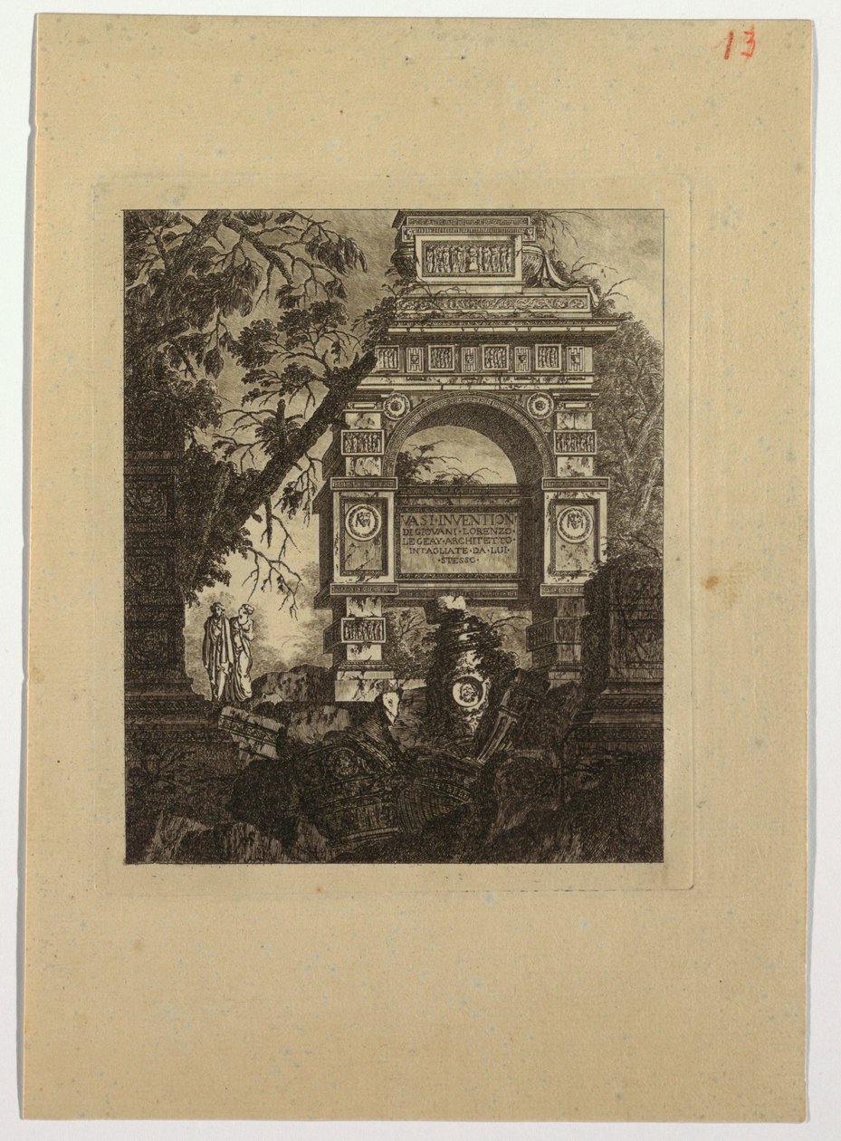 Frontispice, vasi-opfindelse, fra "Samling af forskellige emner af vaser, grave, ruiner og springvand, nyttige for kunstnere..." af Jean Laurent Legeay